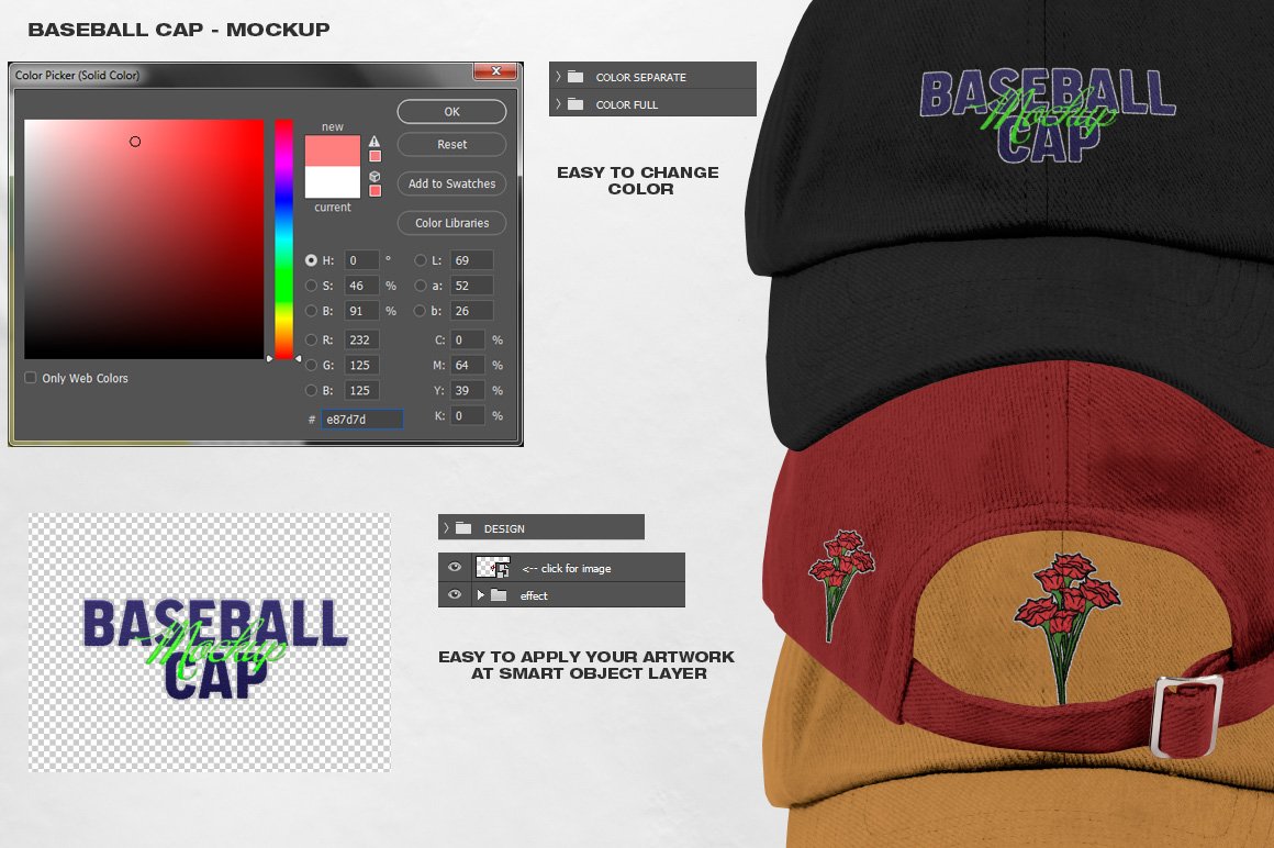 潮流棒球帽印花设计展示贴图样机模板 Baseball Cap - Mockup_img_2