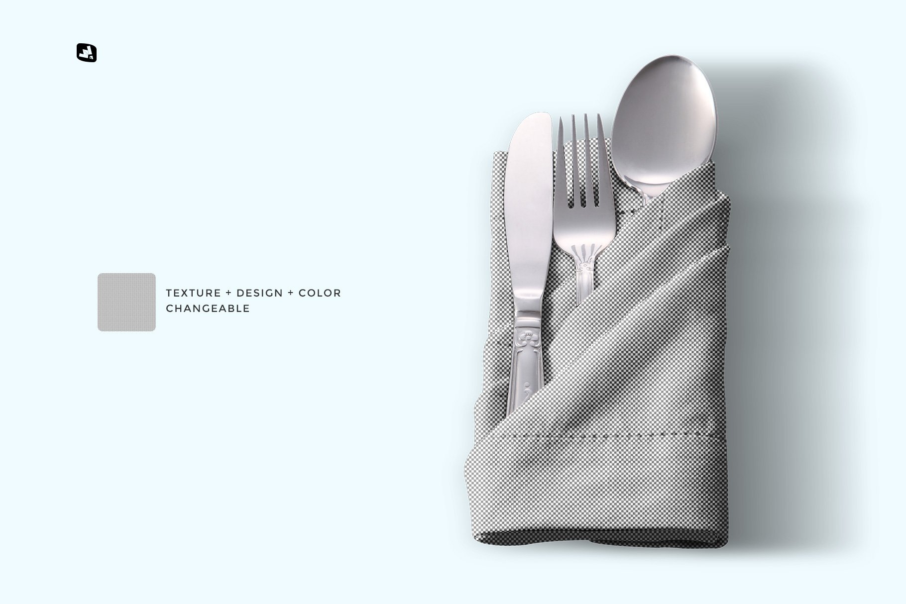 带餐具折叠餐厅手帕设计展示样机模板 Folded Napkin With Utensils Mockup_img_2