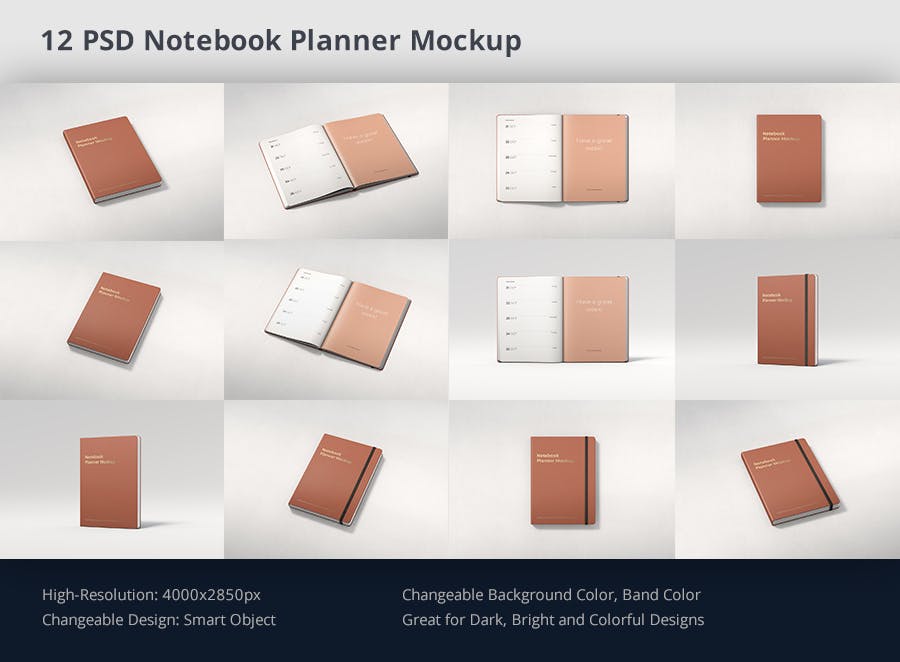 12个多角度办公笔记本记事本设计贴图样机模板 Notebook Planner Mockup_img_2