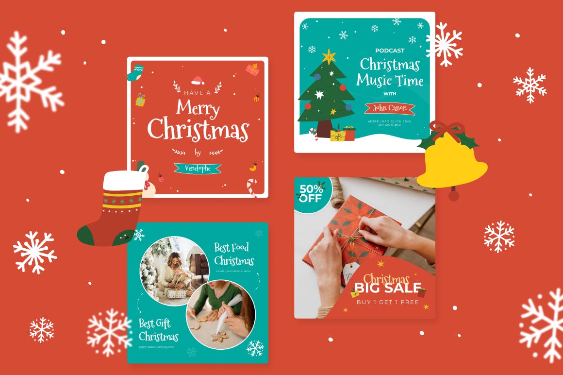 时尚卡通圣诞节营销策划演示文稿设计ppt模版 Christmas Social Media Instagram Template Pack_img_2