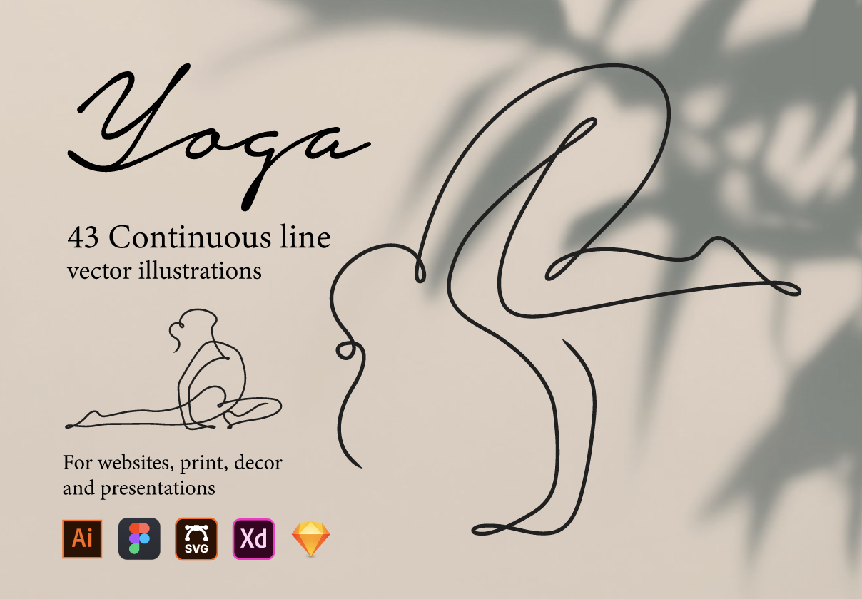 43个优雅瑜伽姿势矢量插画线稿图 Yoga Continuous Line Illustrations_img_2