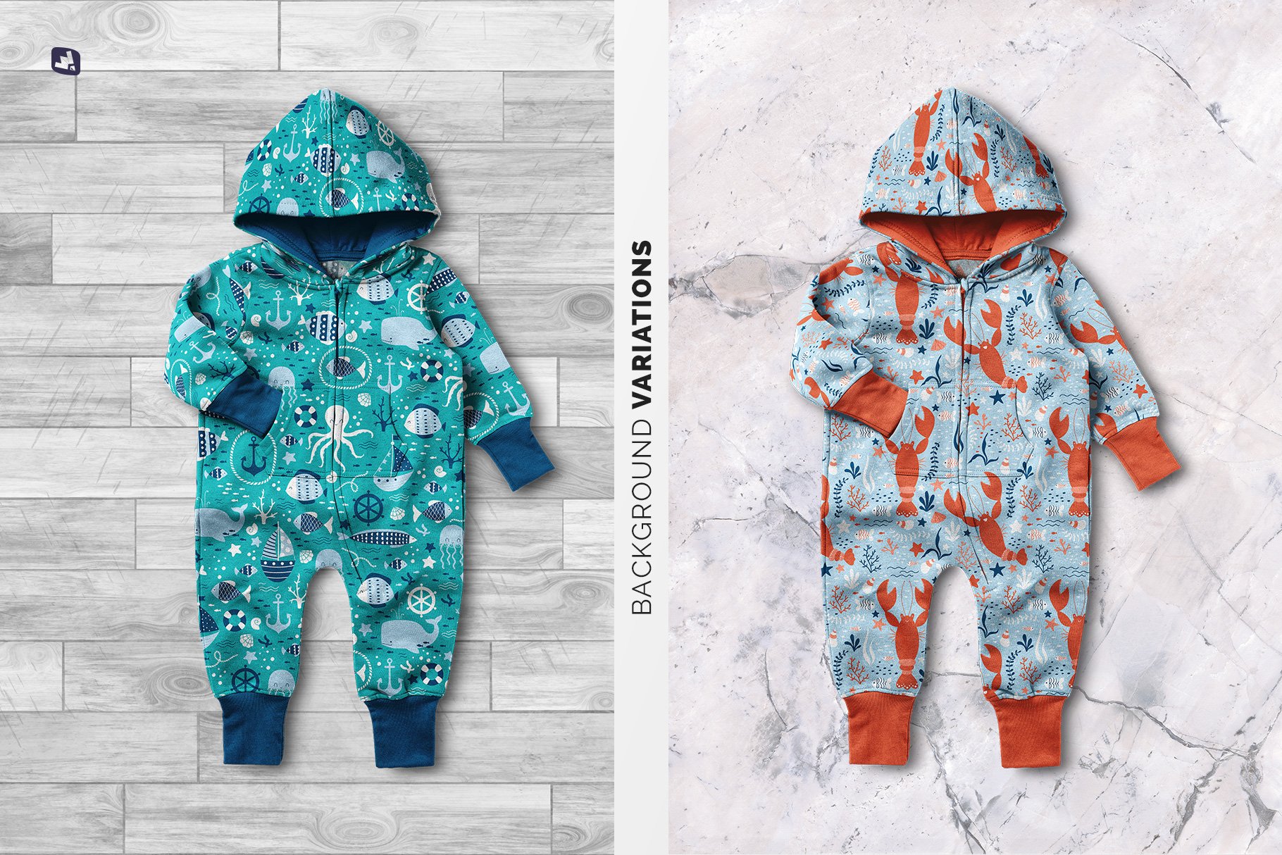 婴儿连帽衫连身衣印花设计贴图样机 Baby Hoodie Jumpsuit Mockup_img_2