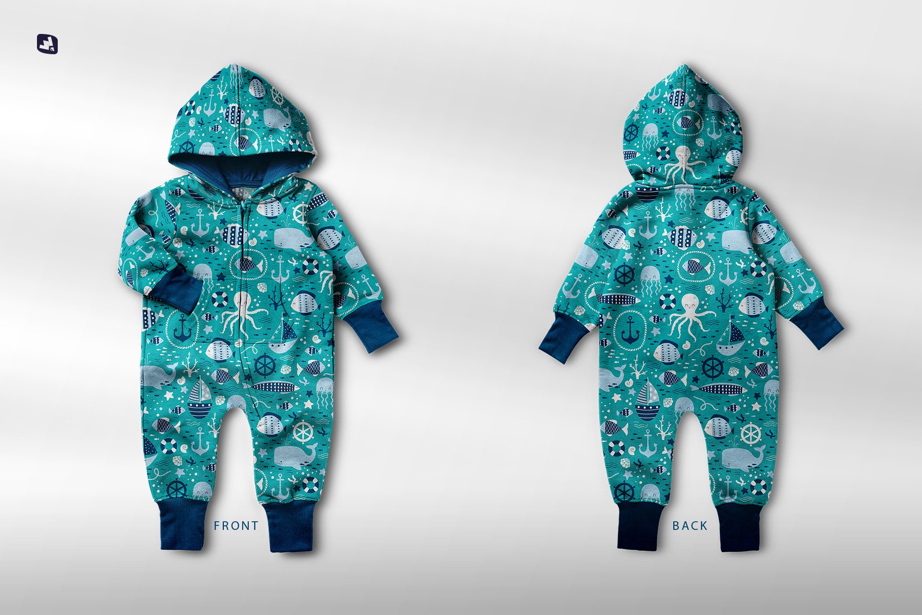 婴儿连帽衫连身衣印花设计贴图样机 Baby Hoodie Jumpsuit Mockup_img_2