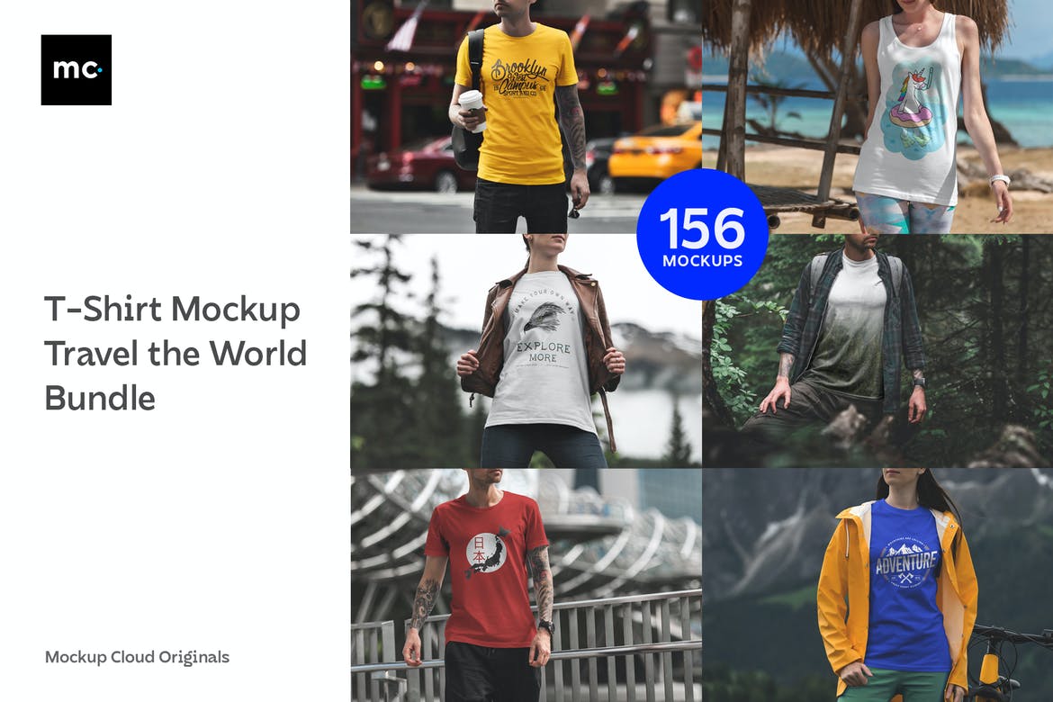 156款T恤印花图案设计效果模特场景展示Ps样机素材 T-Shirt Mockups Travel the World Bundle_img_2