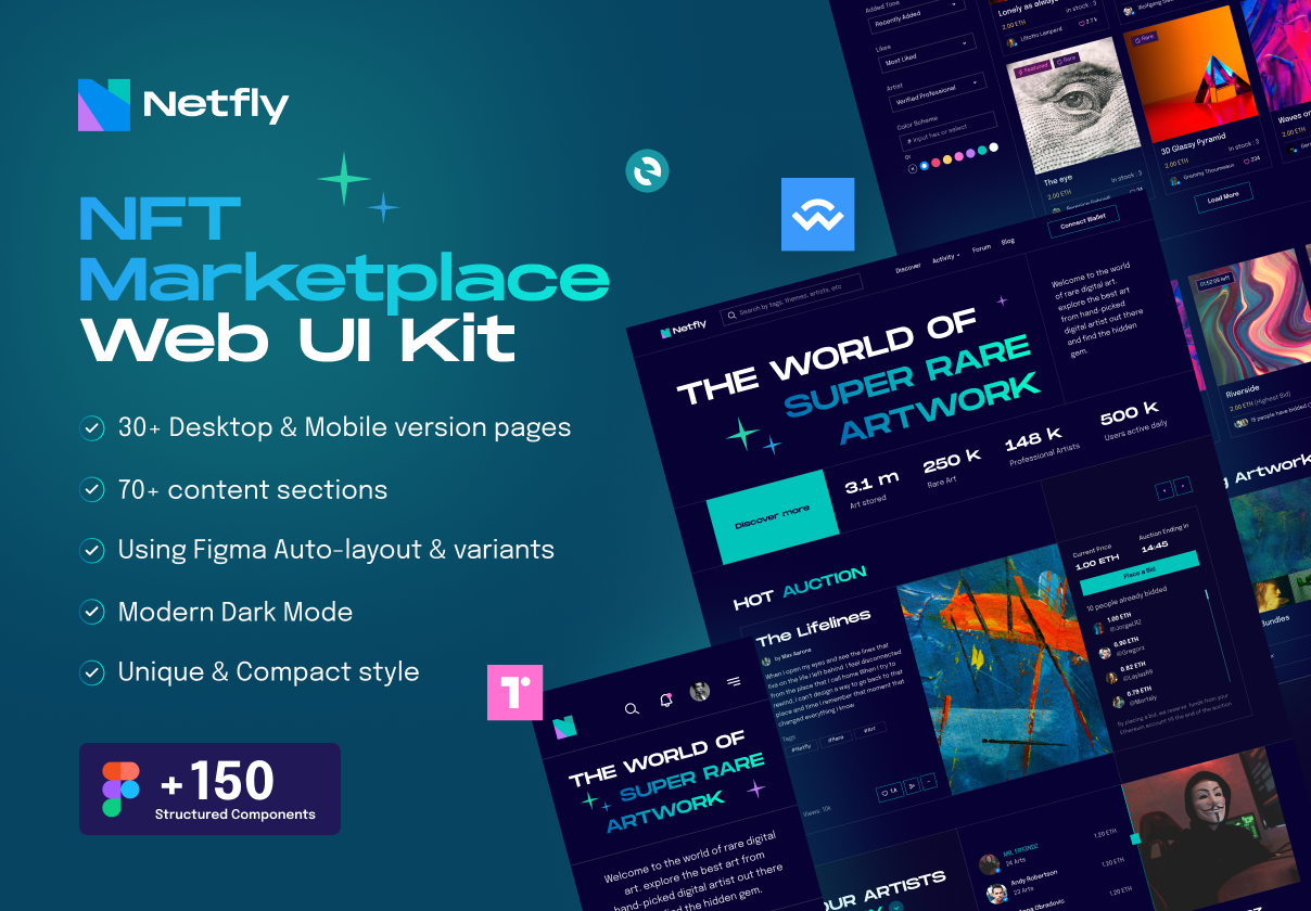 30+现代暗黑响应式网页界面设计模板套件 Netfly - NFT Marketplace Web UI Design Kit_img_2