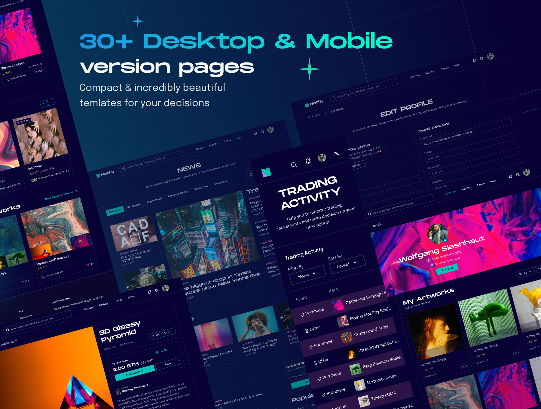 30+现代暗黑响应式网页界面设计模板套件 Netfly - NFT Marketplace Web UI Design Kit_img_2