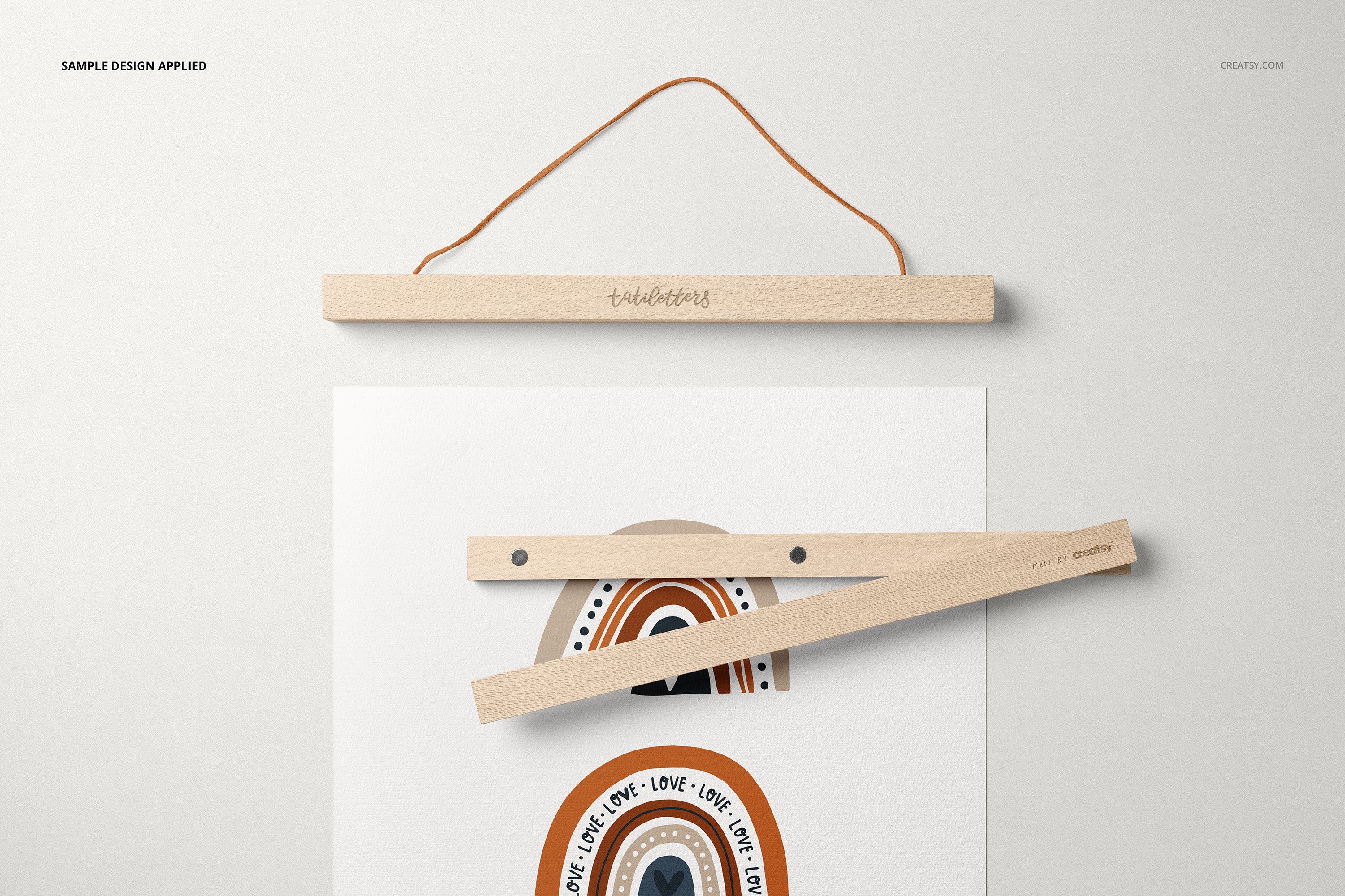 时尚木制悬挂海报衣架设计贴图样机模板合集 Wooden Poster Hanger Mockup Set_img_2