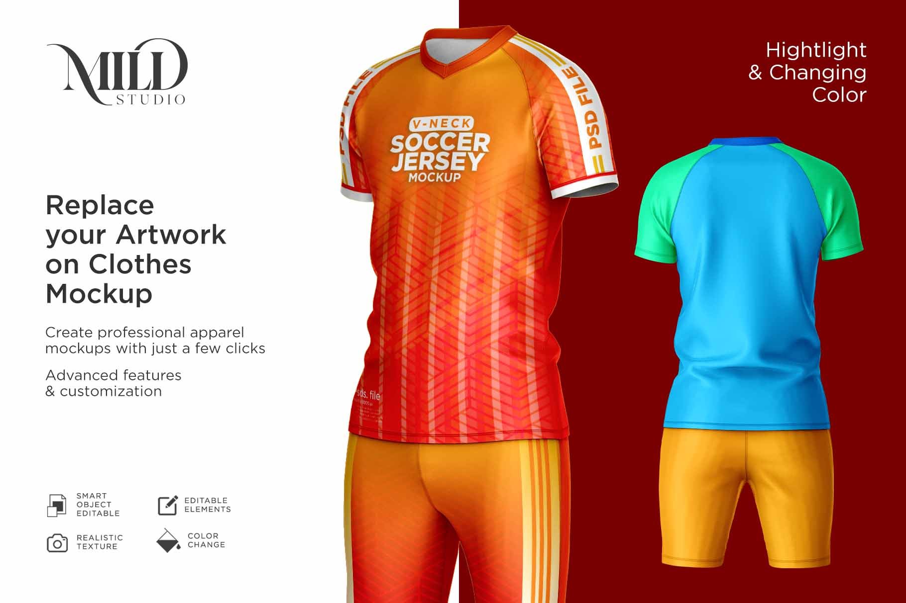 男子足球球衣印花设计样机套件 Men Soccer Jersey kit Mockup_img_2