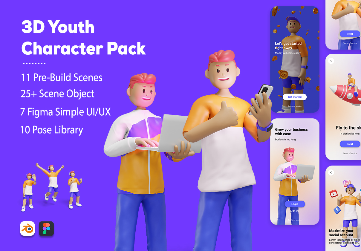 现代游戏网页APP界面设计3D青年角色设计素材 3D Web Illustration - Youth Character Pack_img_2