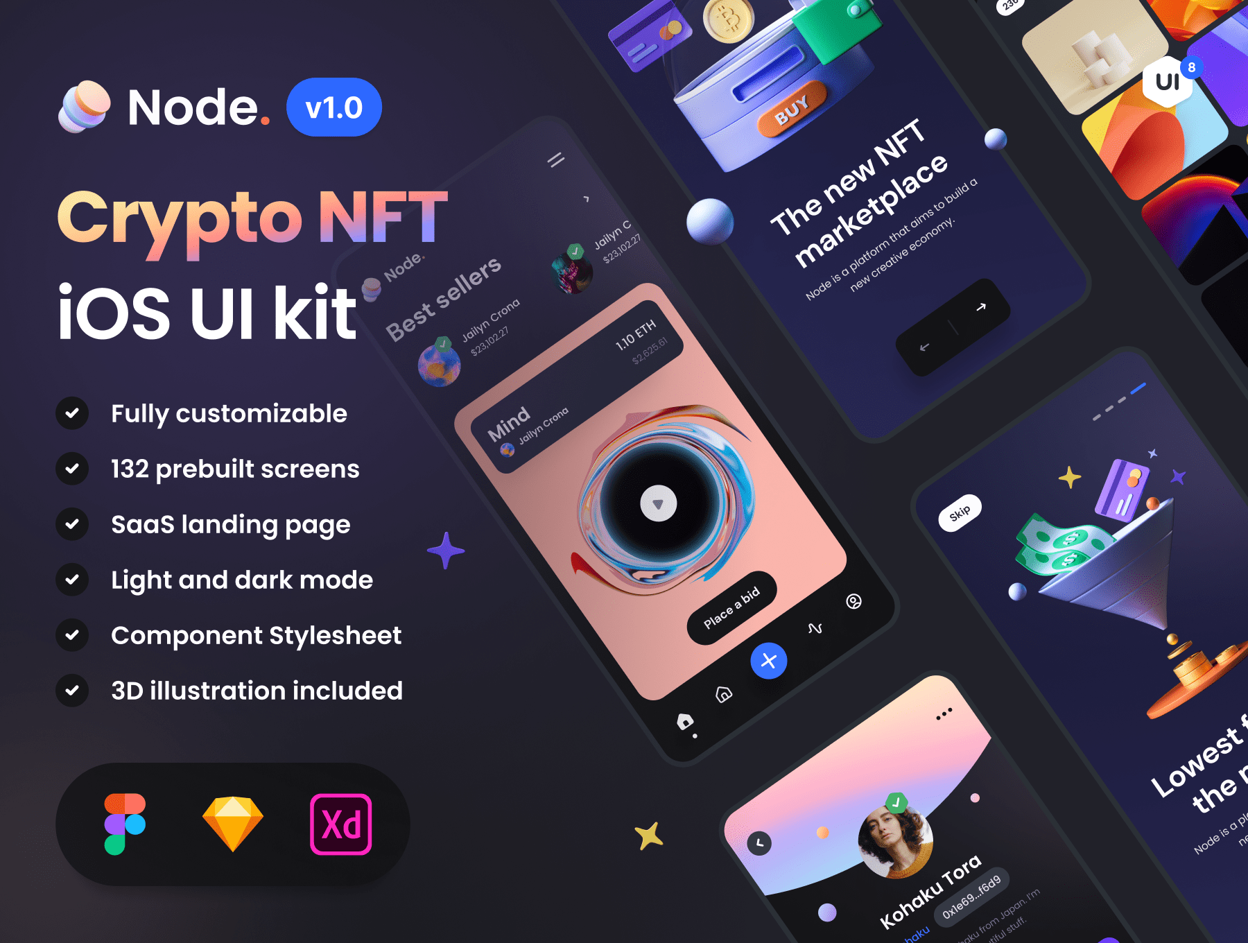 炫酷金融加密货币钱包APP应用程序UI界面设计套件 Node – Crypto NFT iOS UI Kit_img_2