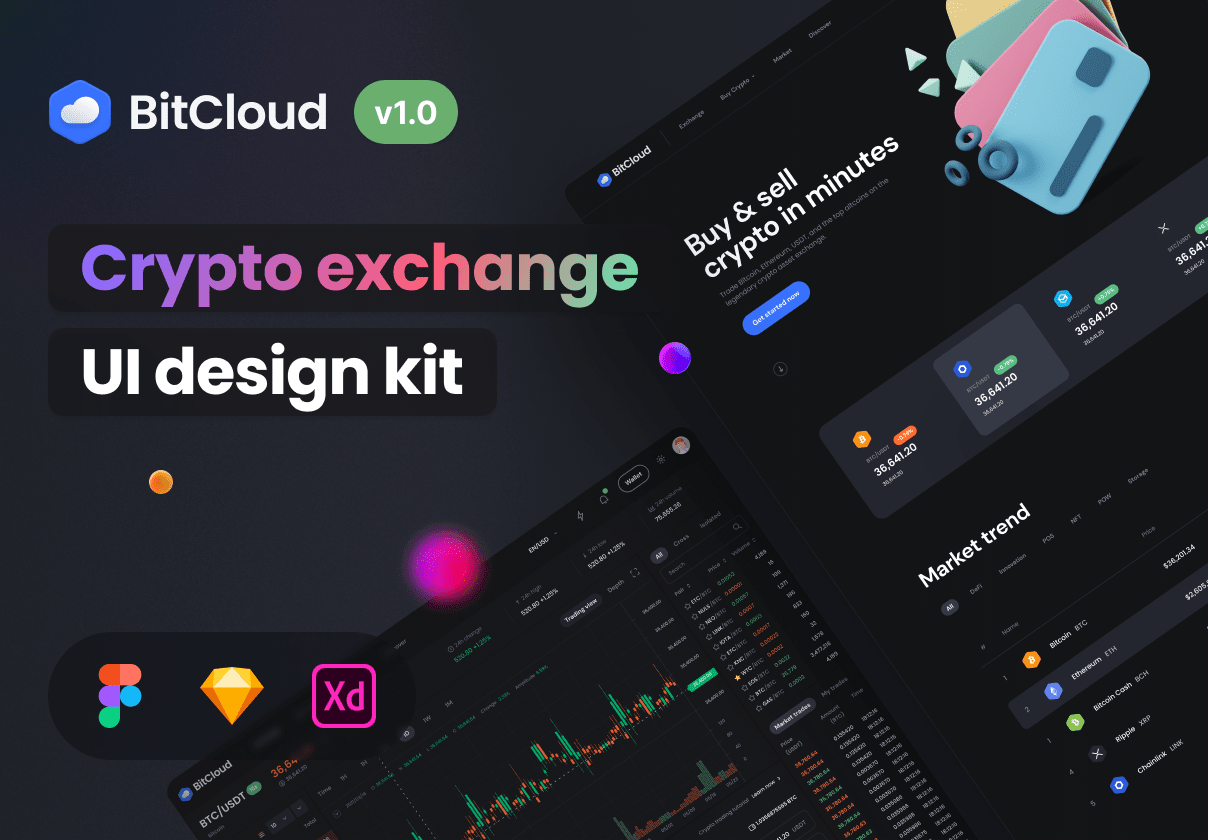 暗黑加密货币财务网站登录页设计UI套件素材 BitCloud - Crypto Exchange UI Kit_img_2