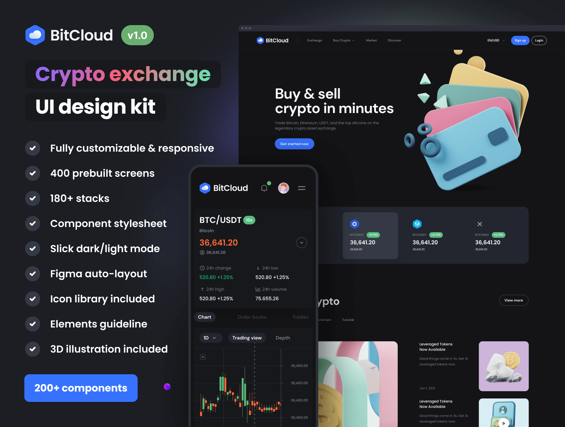 暗黑加密货币财务网站登录页设计UI套件素材 BitCloud - Crypto Exchange UI Kit_img_2