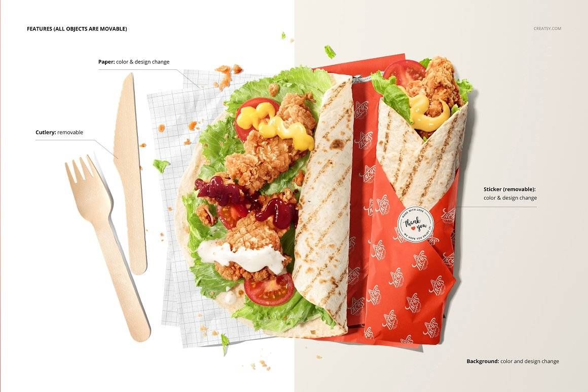 卷饼快餐食品安全包装纸设计Ps智能贴图样机模板 Food Safe Paper Mockup_img_3