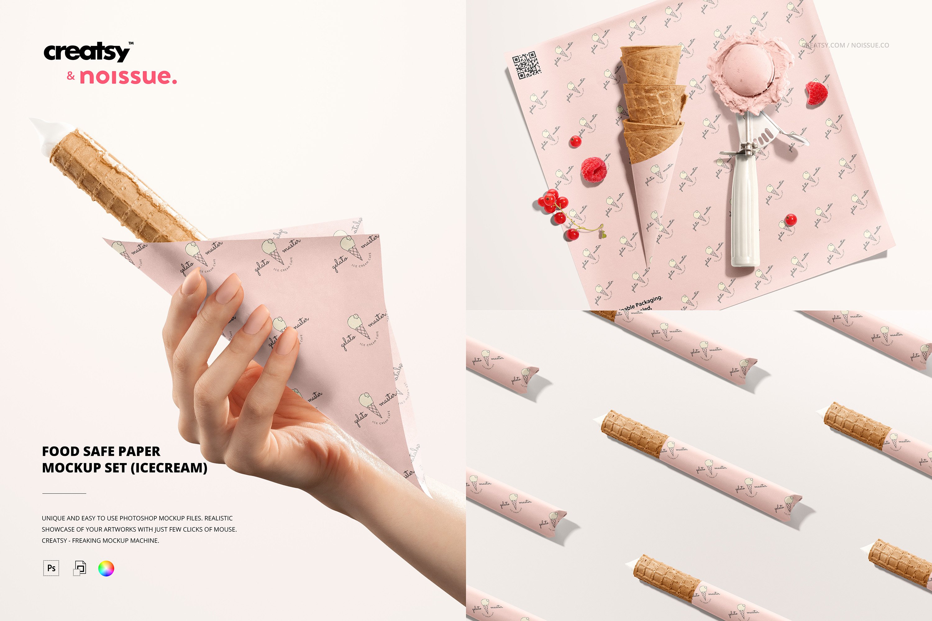 冰淇淋食品安全包装纸设计Ps智能贴图样机模板 Food Safe Paper Mockup Set /icecream_img_2