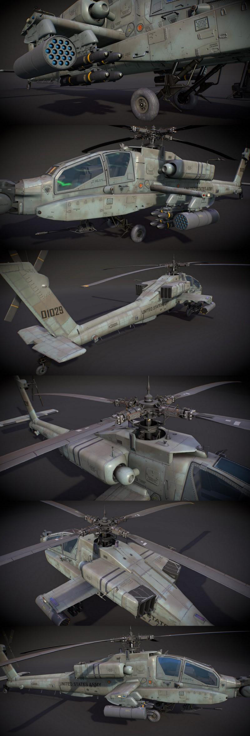 AH-64阿帕契直升飞机外观设计3D模板素材 McDonnell Douglas AH-64A Apache Attack Helicopter 3D Model_img_2