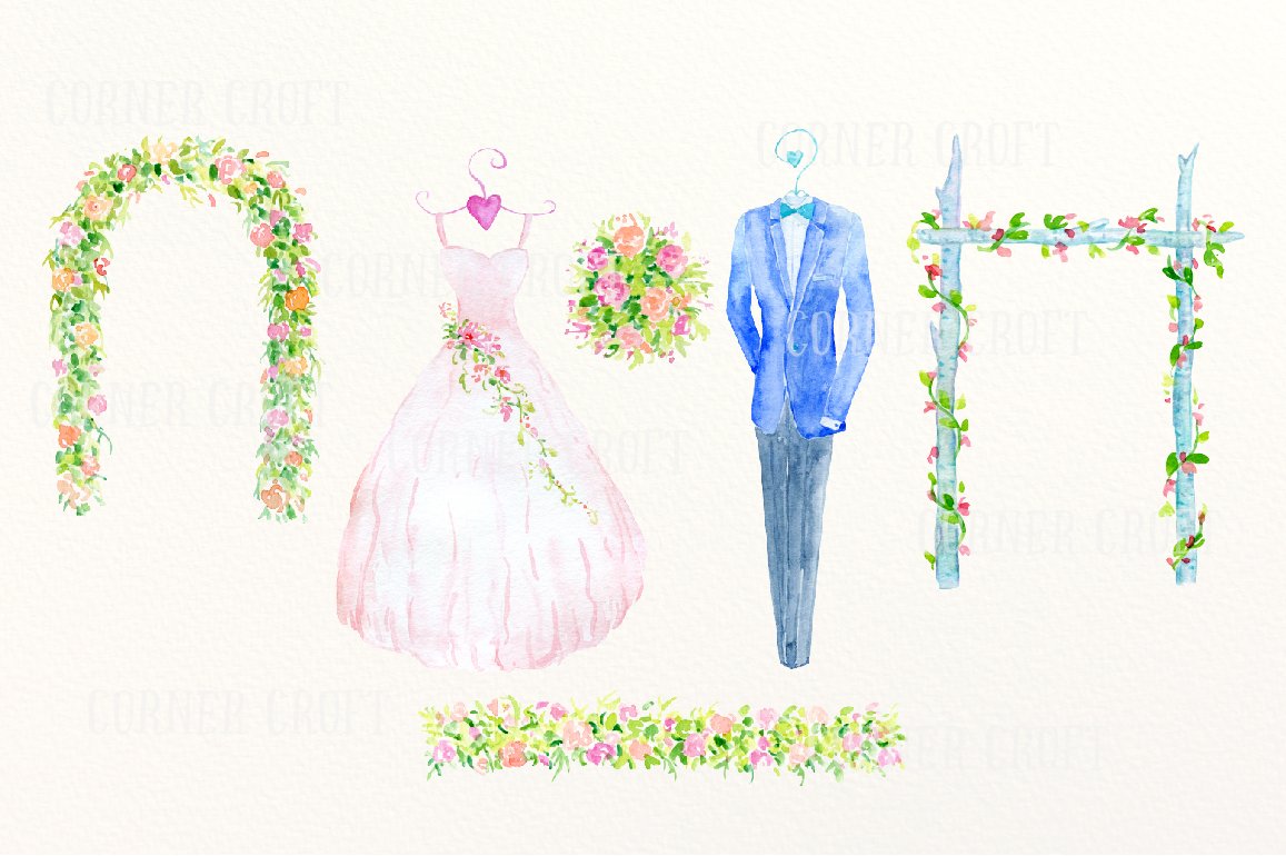 110款婚礼主题手绘水彩剪贴画素材 PNG透明背景图片合集 Watercolor Collection Wedding Fever_img_1