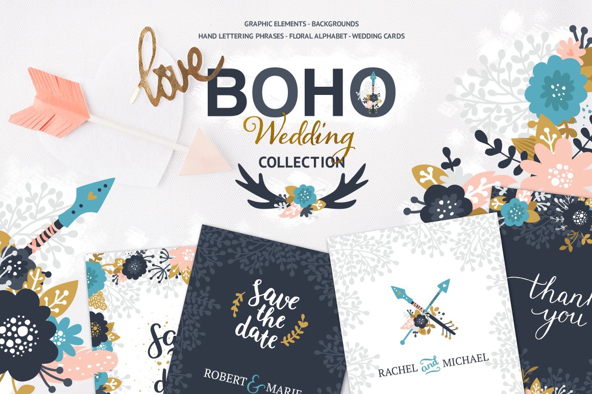 时尚波西米亚风婚礼装饰元素矢量图形设计素材 Boho Wedding Collection_img_2