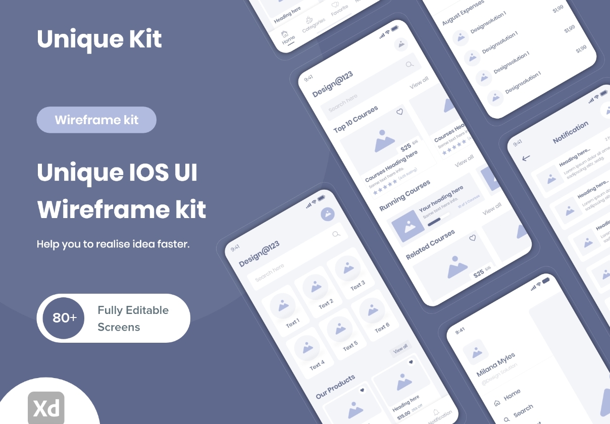 80+苹果IOS APP应用程序设计线框套件素材 Unique IOS UI Wireframe kit_img_2