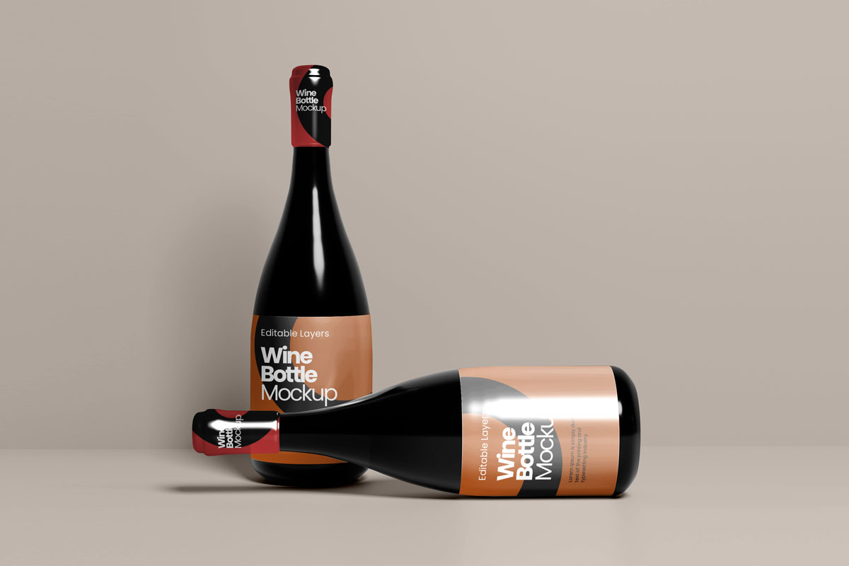 逼真棕色香槟玻璃瓶标签设计贴图样机 Multiple Wine Bottle Mockup_img_2