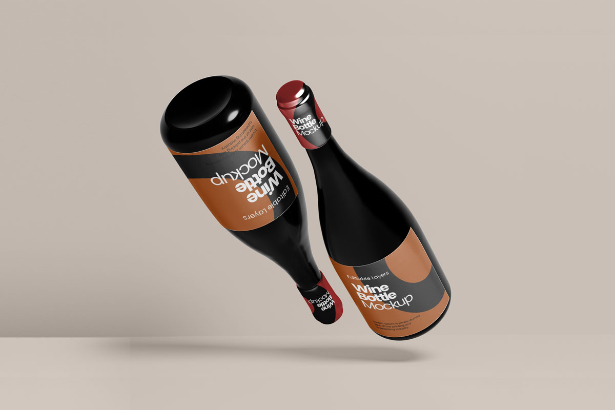 逼真棕色香槟玻璃瓶标签设计贴图样机 Multiple Wine Bottle Mockup_img_2