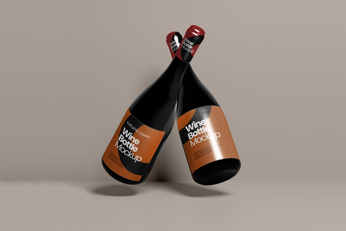 逼真棕色香槟玻璃瓶标签设计贴图样机 Multiple Wine Bottle Mockup_img_2