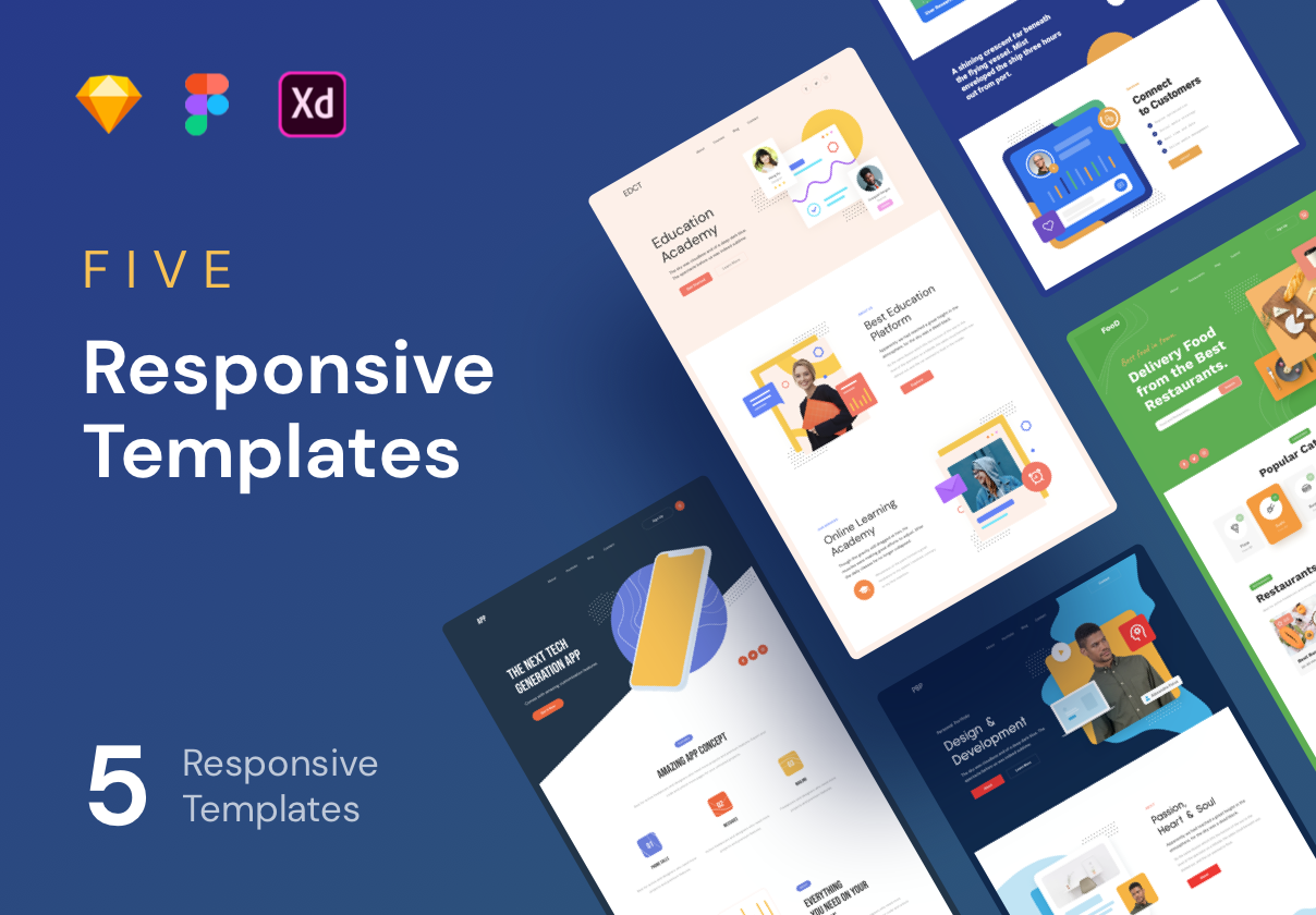 5套响应式公司教育食品外卖网站WEB&APP界面设计模板素材 FIVE - Responsive Templates_img_2