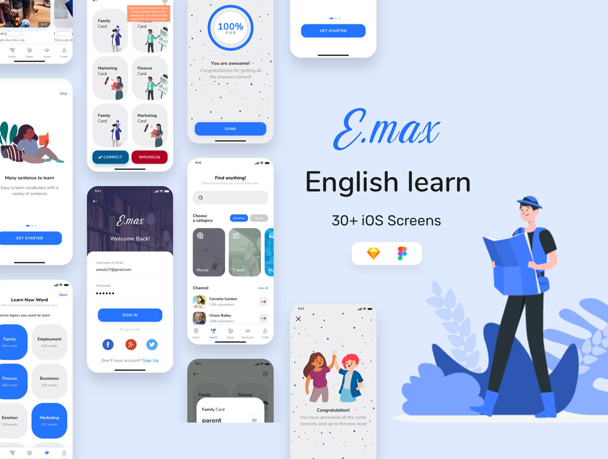 简约在线课程学习教育手机APP界面设计UI设计 Emax English Learn UI KIT_img_2