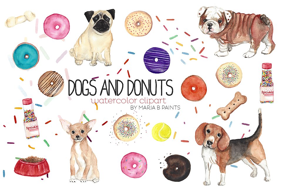 可爱色彩缤纷狗狗元素手绘水彩剪贴画图片素材 Watercolor Clip Art - Dogs n Donuts_img_2