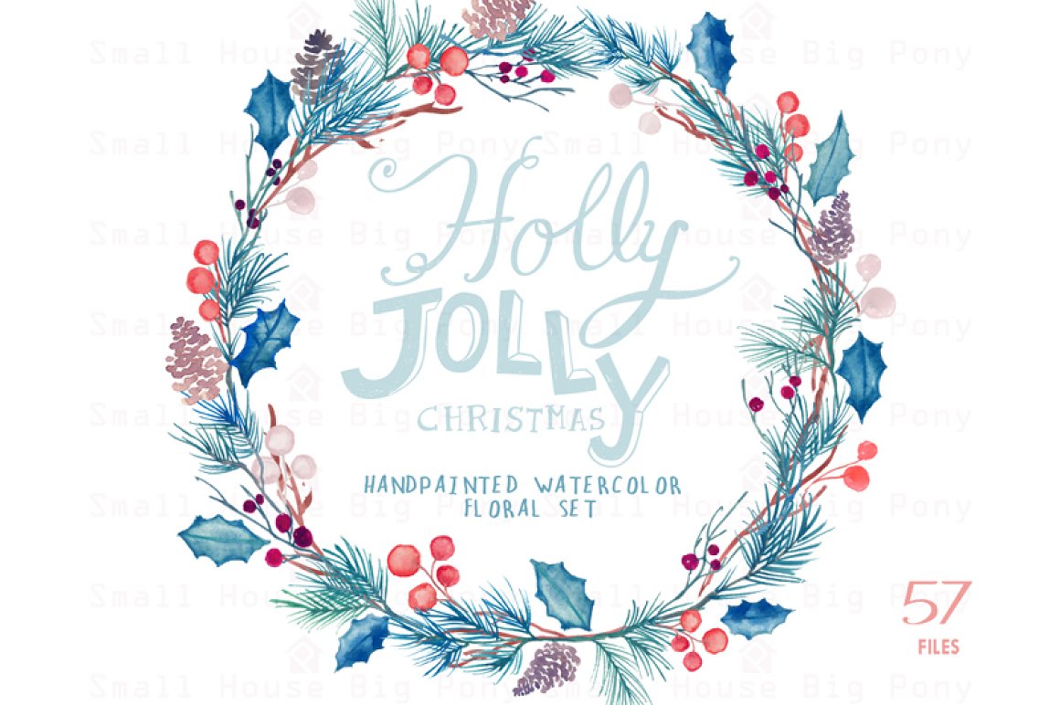 圣诞节主题花卉花圈手绘水彩剪贴画图片素材 Holly Jolly - Watercolor Floral Set_img_2