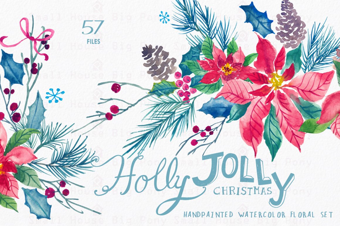 圣诞节主题花卉花圈手绘水彩剪贴画图片素材 Holly Jolly - Watercolor Floral Set_img_2