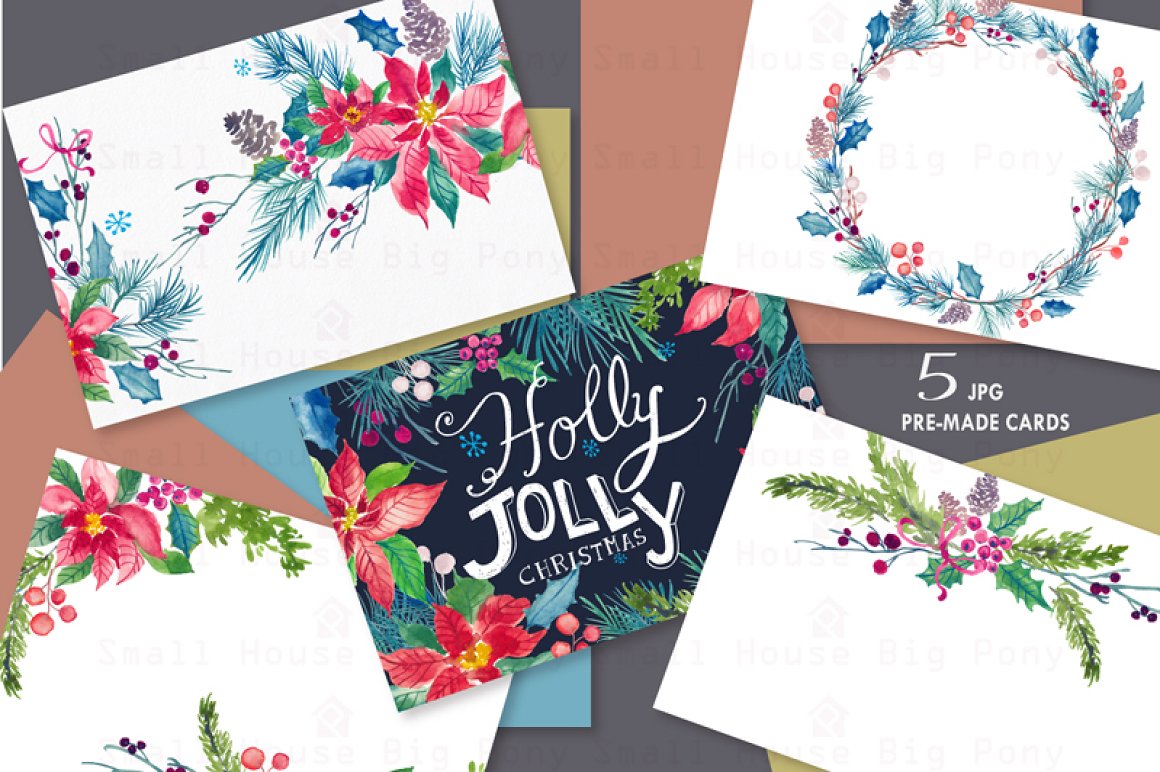 圣诞节主题花卉花圈手绘水彩剪贴画图片素材 Holly Jolly - Watercolor Floral Set_img_2