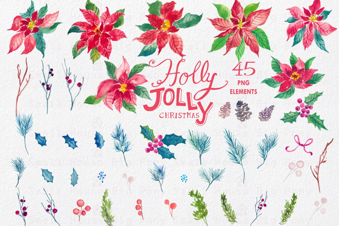 圣诞节主题花卉花圈手绘水彩剪贴画图片素材 Holly Jolly - Watercolor Floral Set_img_2