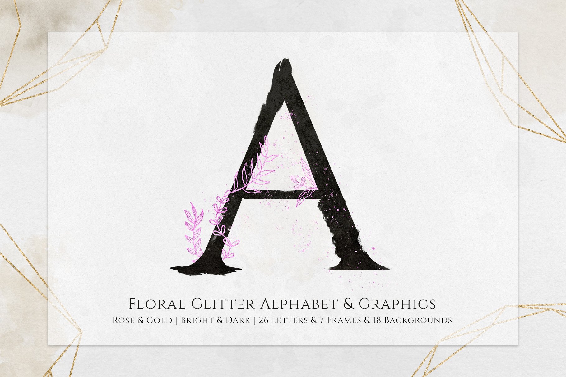 金色闪光花卉字母图形PNG免扣图片设计素材 Floral Glitter Alphabet & Graphics_img_2