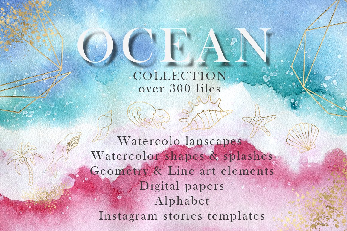 海蓝色手绘喷墨水彩花卉几何形状背景图片设计素材 Ocean Watercolor Collection_img_2