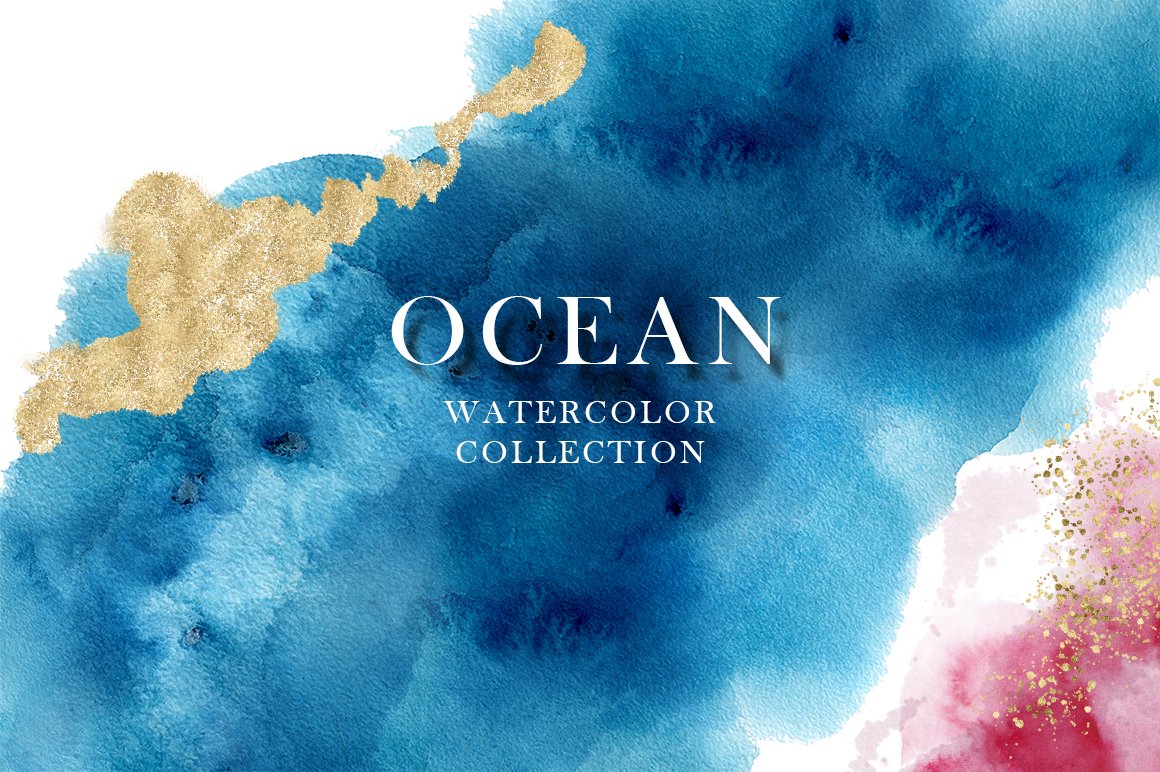 海蓝色手绘喷墨水彩花卉几何形状背景图片设计素材 Ocean Watercolor Collection_img_2