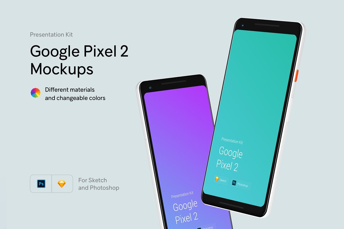 逼真多色谷歌Google Pixel 2手机屏幕APP界面设计演示样机素材 Google Pixel 2 Mockups | Presentatio_img_2