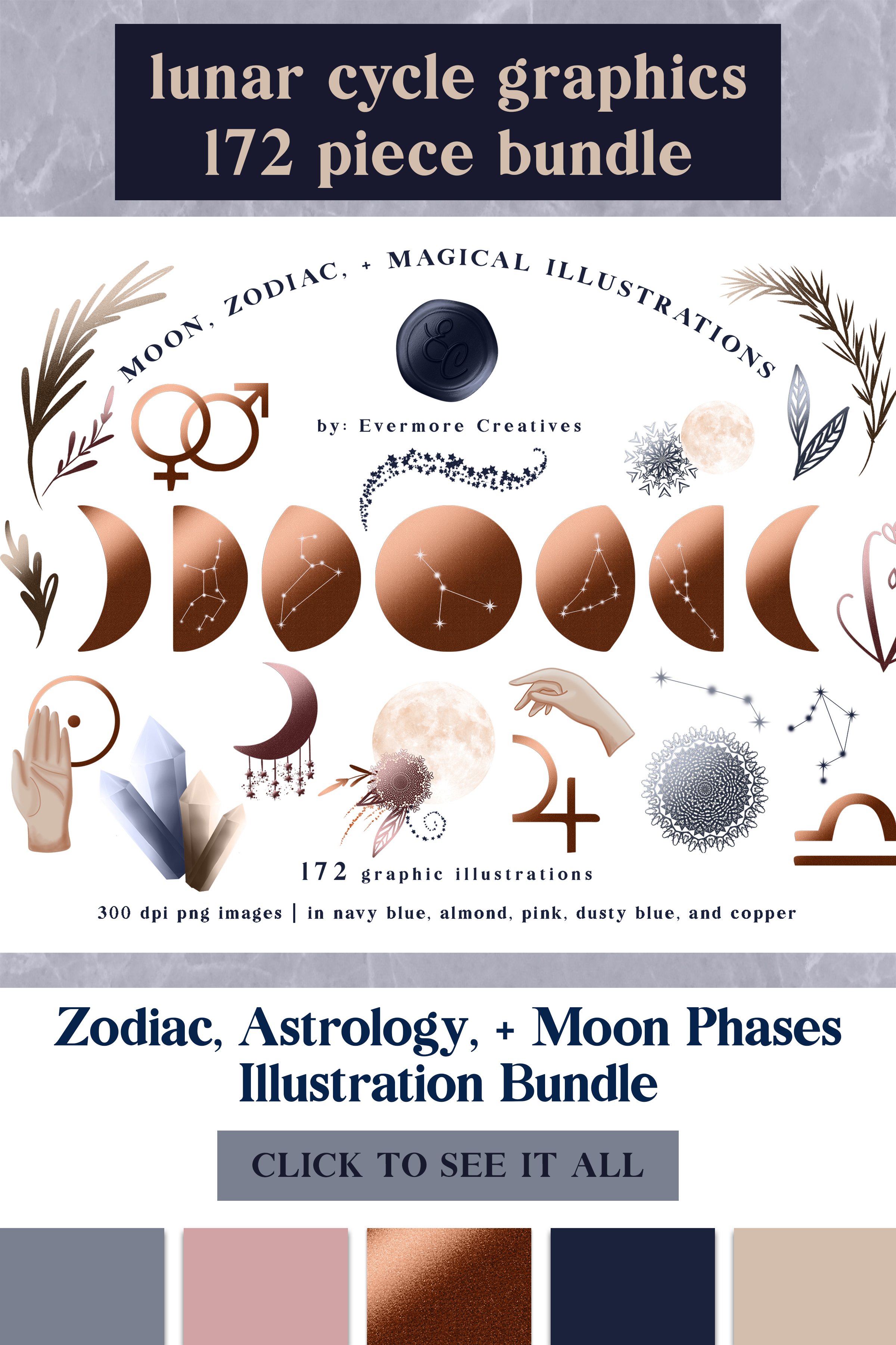 魔法月相生肖星座插图PNG免扣图片设计素材 Moon Phases Stars & Zodiac Signs Bundle_img_2