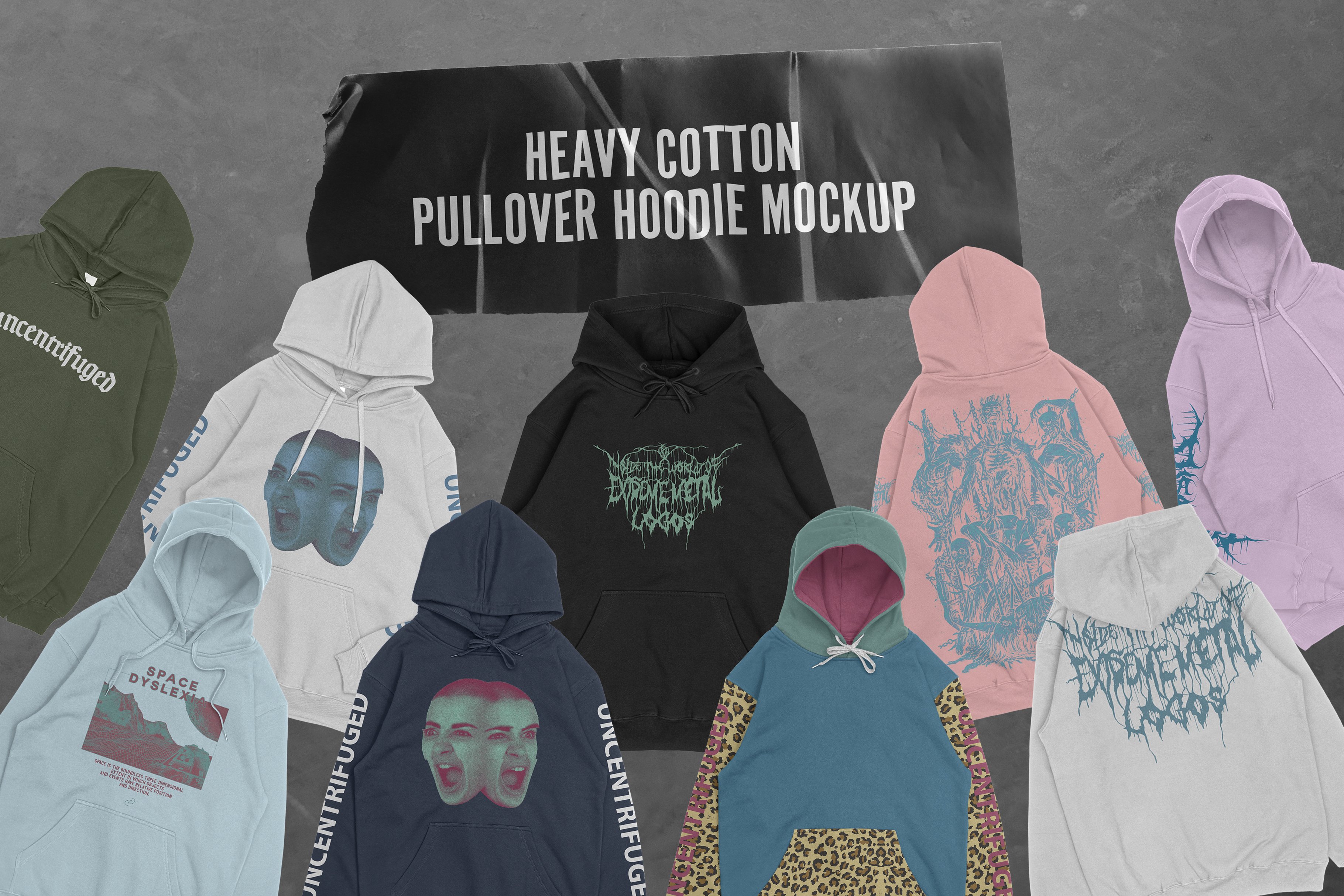 时尚潮流嘻哈风连衣帽卫衣印花图案设计贴图样机模板 Heavy Cotton Pullover Hoodie Mockup_img_2