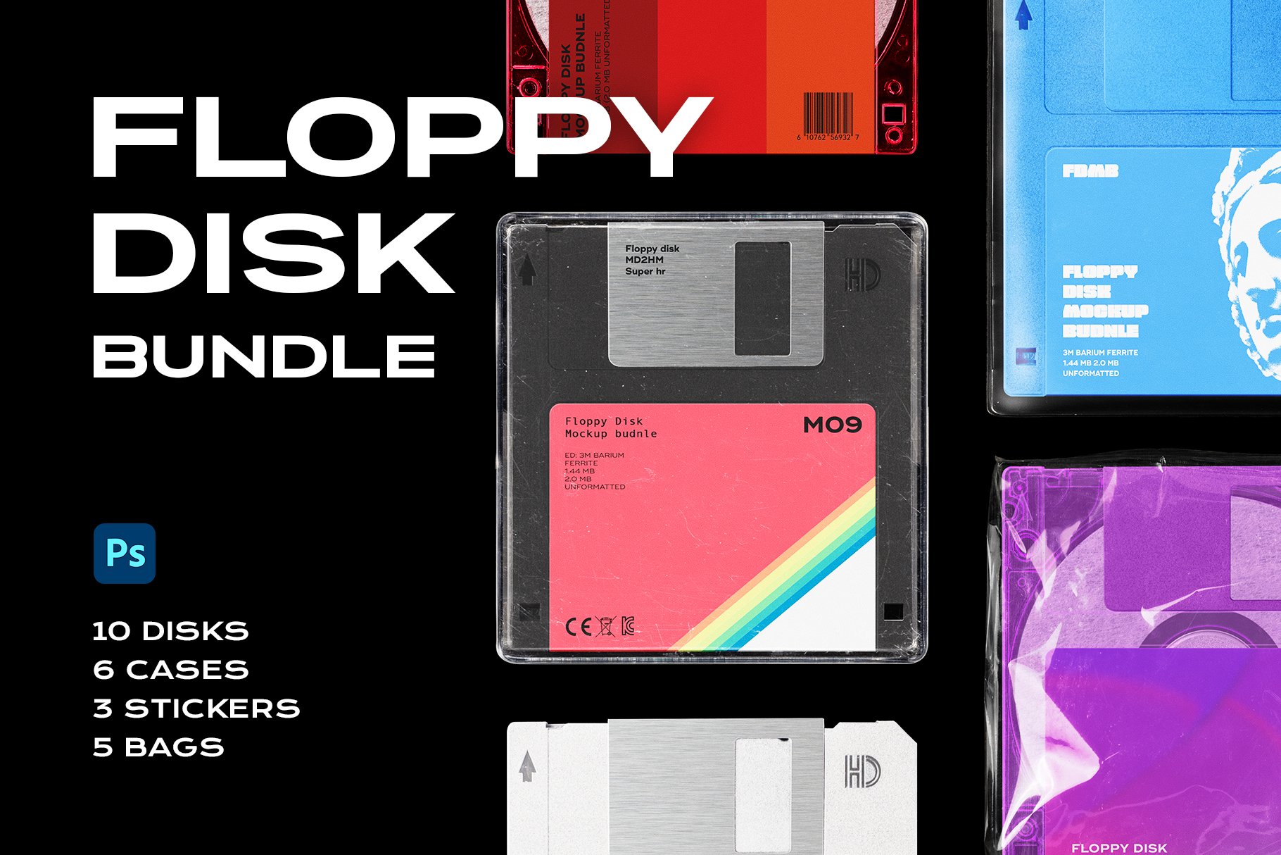 潮流软盘设计塑料包装盒塑料袋贴纸样机PS素材套装 Floppy Disk Mockup Template Bundle_img_2