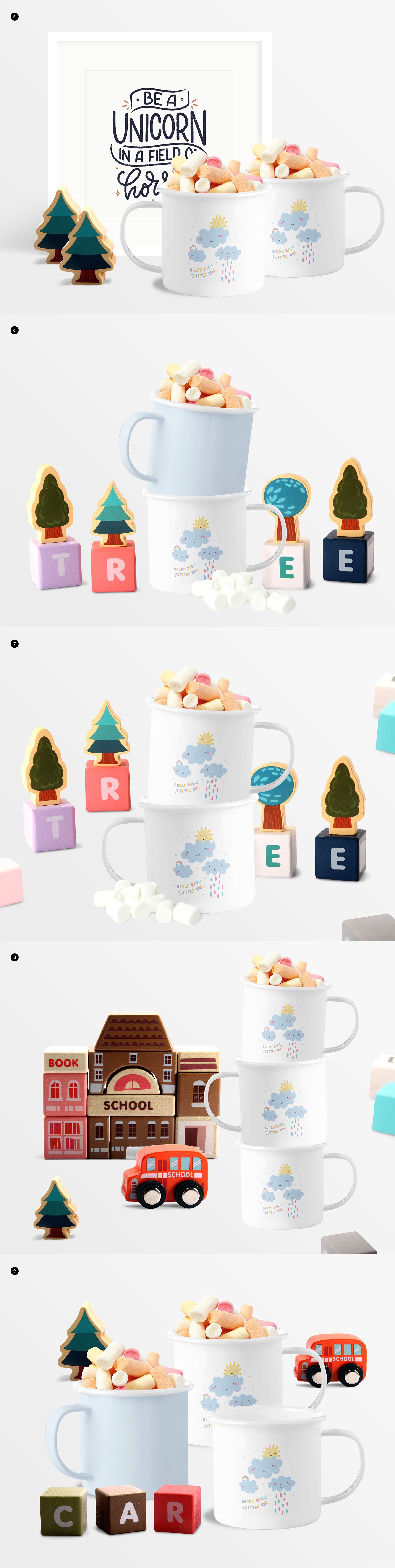 可爱儿童搪瓷马克杯设计贴图样机套装 Enamel Mugs for Kids Mock-ups Set_img_2