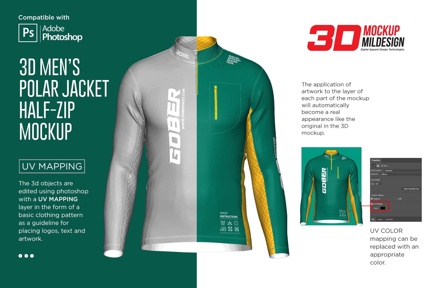 3D男士骑行服装印花图案设计贴图样机模板 3DMens Polar Jacket Half-zip Mockup_img_2