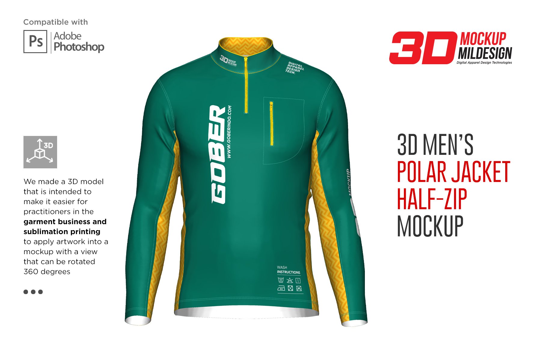 3D男士骑行服装印花图案设计贴图样机模板 3DMens Polar Jacket Half-zip Mockup_img_2