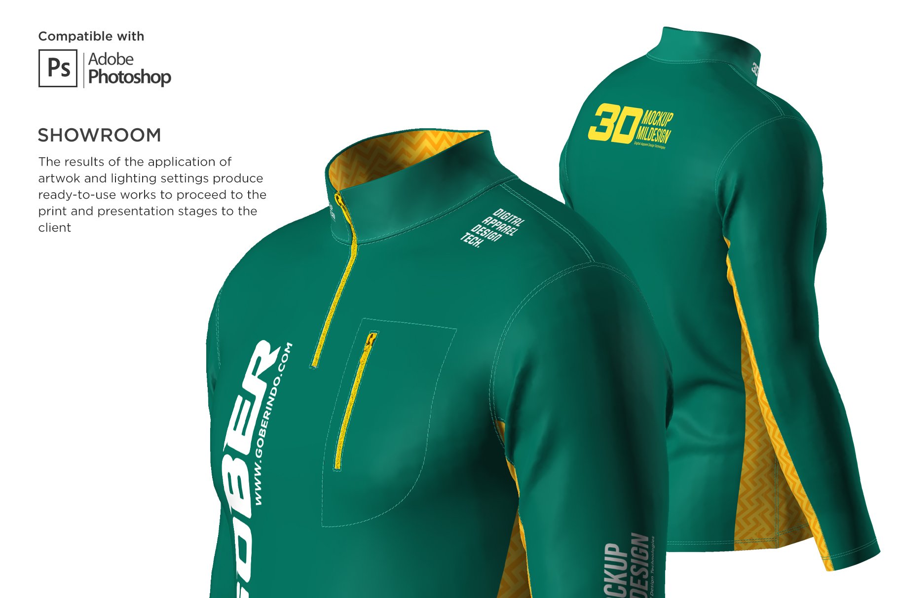 3D男士骑行服装印花图案设计贴图样机模板 3DMens Polar Jacket Half-zip Mockup_img_2