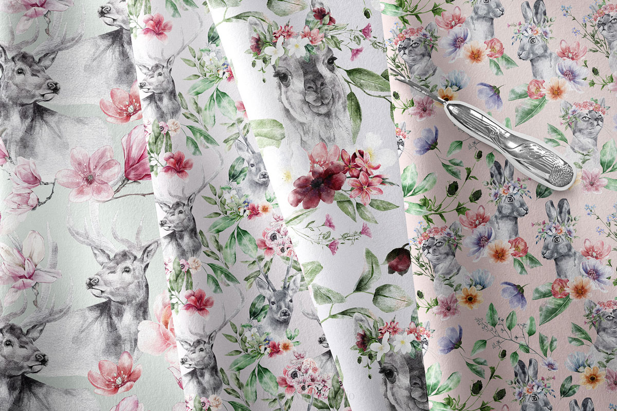 时尚动物花卉树叶手绘剪贴画无缝隙图案素材 Animals and Flowers Seamless Patterns_img_2