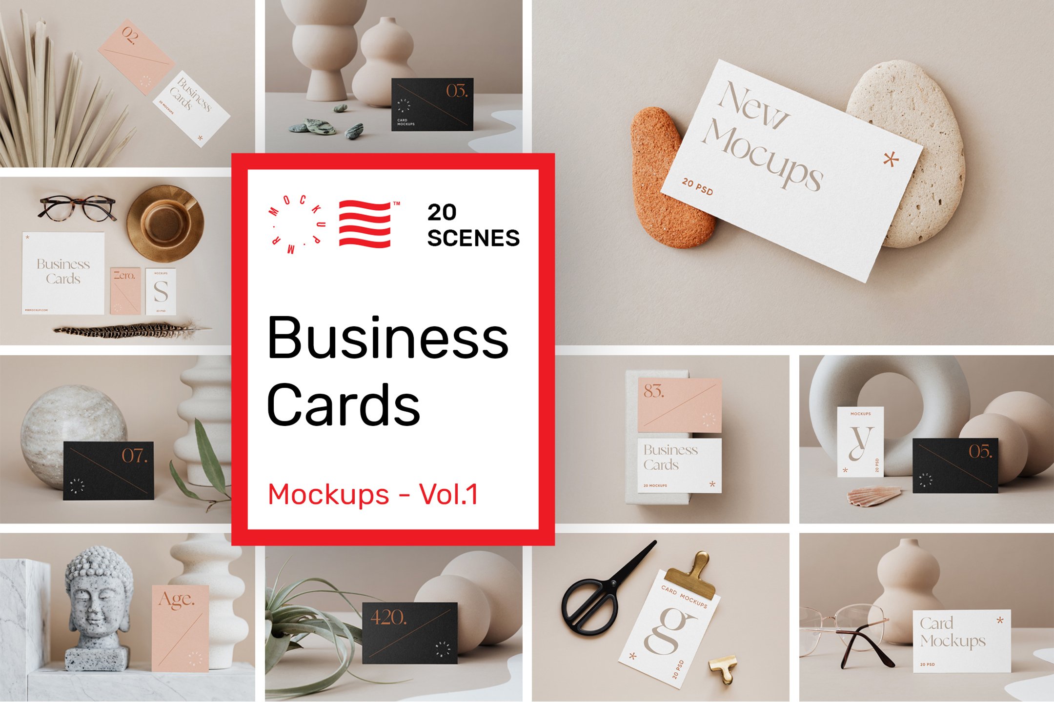 20个时尚商务名片卡片Logo设计贴图场景样机模板 Business Card Mockups Vol.1_img_2