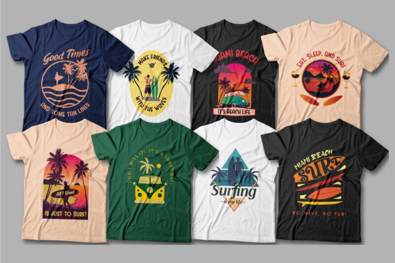 90年代复古冲浪T恤半袖印花图案设计矢量素材 Surfing T-shirt Designs Bundle Editable_img_2