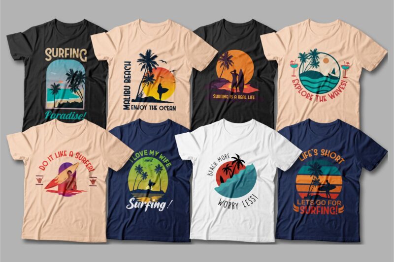 90年代复古冲浪T恤半袖印花图案设计矢量素材 Surfing T-shirt Designs Bundle Editable_img_2