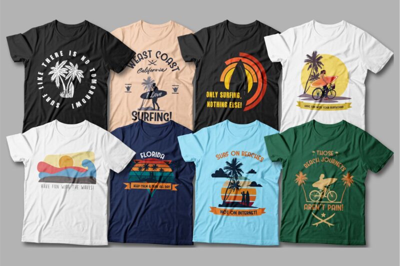 90年代复古冲浪T恤半袖印花图案设计矢量素材 Surfing T-shirt Designs Bundle Editable_img_2