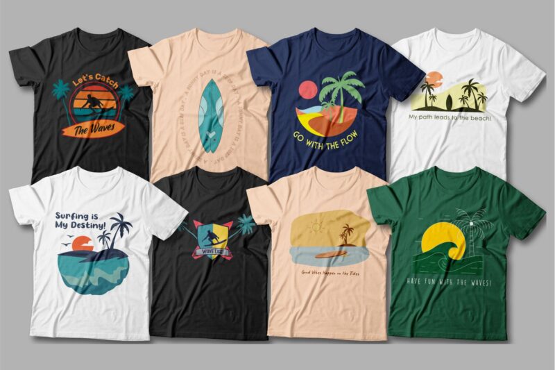 90年代复古冲浪T恤半袖印花图案设计矢量素材 Surfing T-shirt Designs Bundle Editable_img_2