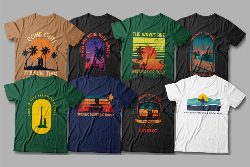 90年代复古冲浪T恤半袖印花图案设计矢量素材 Surfing T-shirt Designs Bundle Editable_img_2